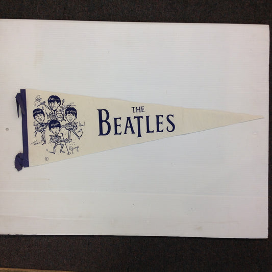 Vintage 1960's Souvenir White with Blue Graphics Caricature The Beatles Felt Pennant