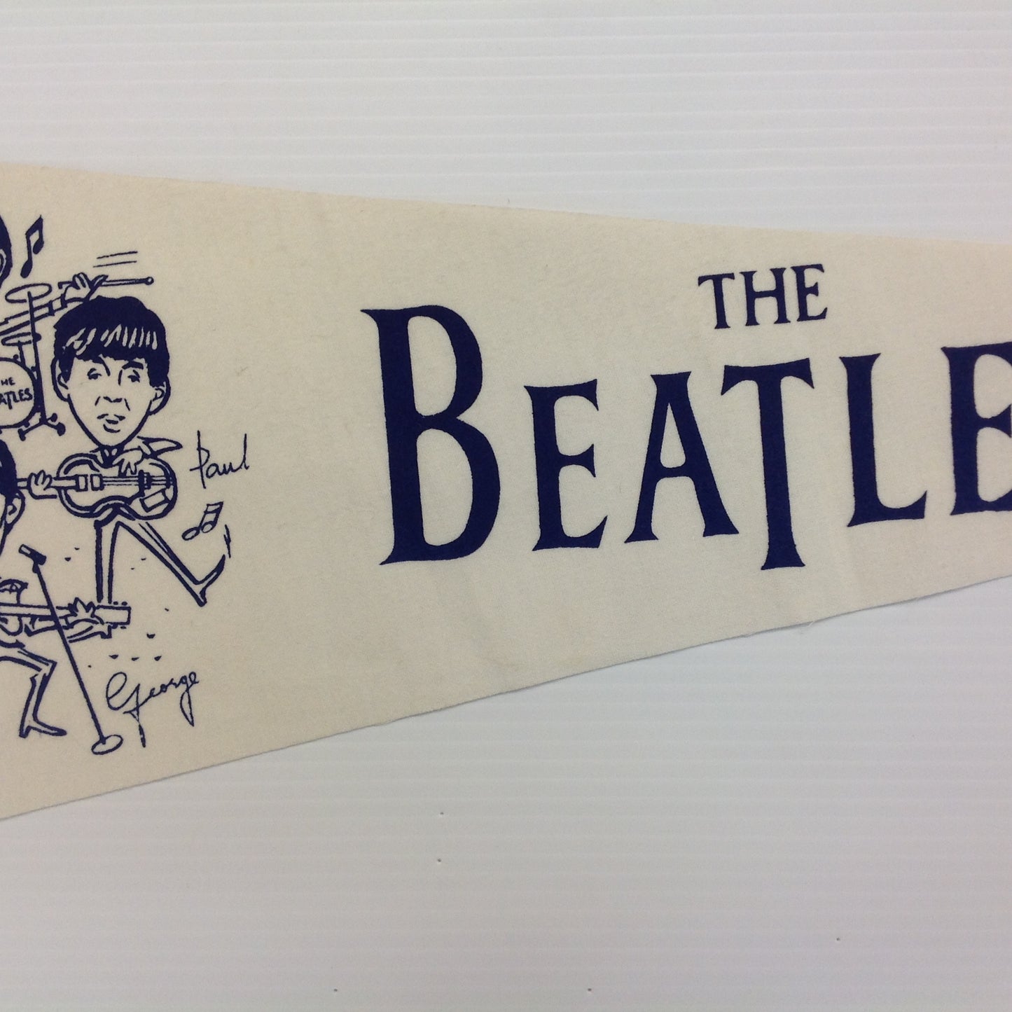 Vintage 1960's Souvenir White with Blue Graphics Caricature The Beatles Felt Pennant