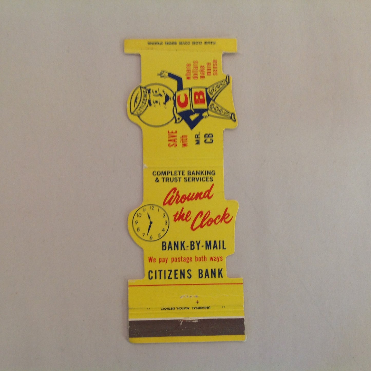 Vintage Matchbook Cover Citizens Bank Save With Mr. CB Around the Clock Bank By Mail