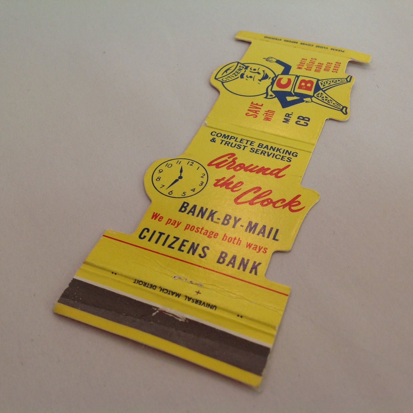 Vintage Matchbook Cover Citizens Bank Save With Mr. CB Around the Clock Bank By Mail