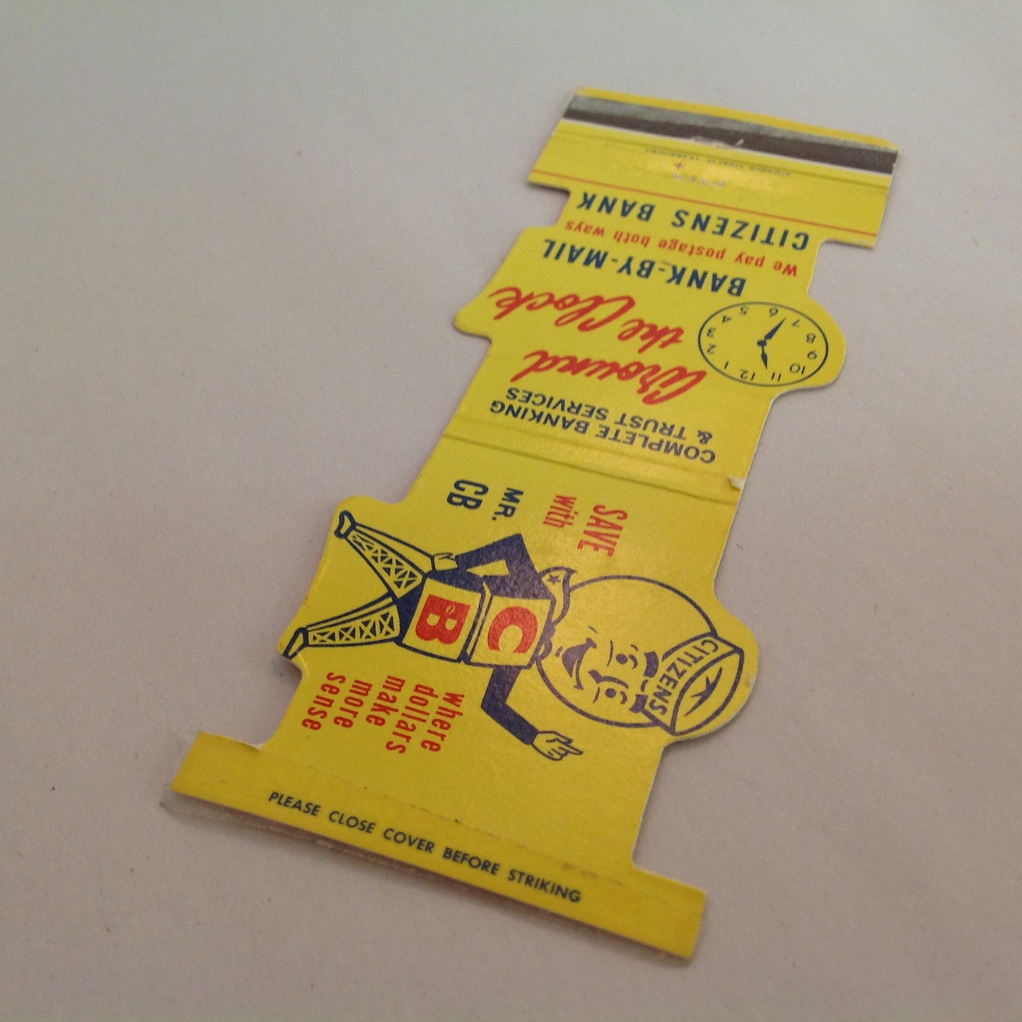 Vintage Matchbook Cover Citizens Bank Save With Mr. CB Around the Clock Bank By Mail