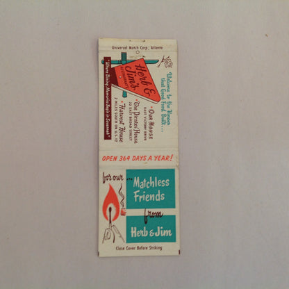 Vintage Matchbook Cover Herb & Jim's Restaurants Matchless Friends Harvest Pirates