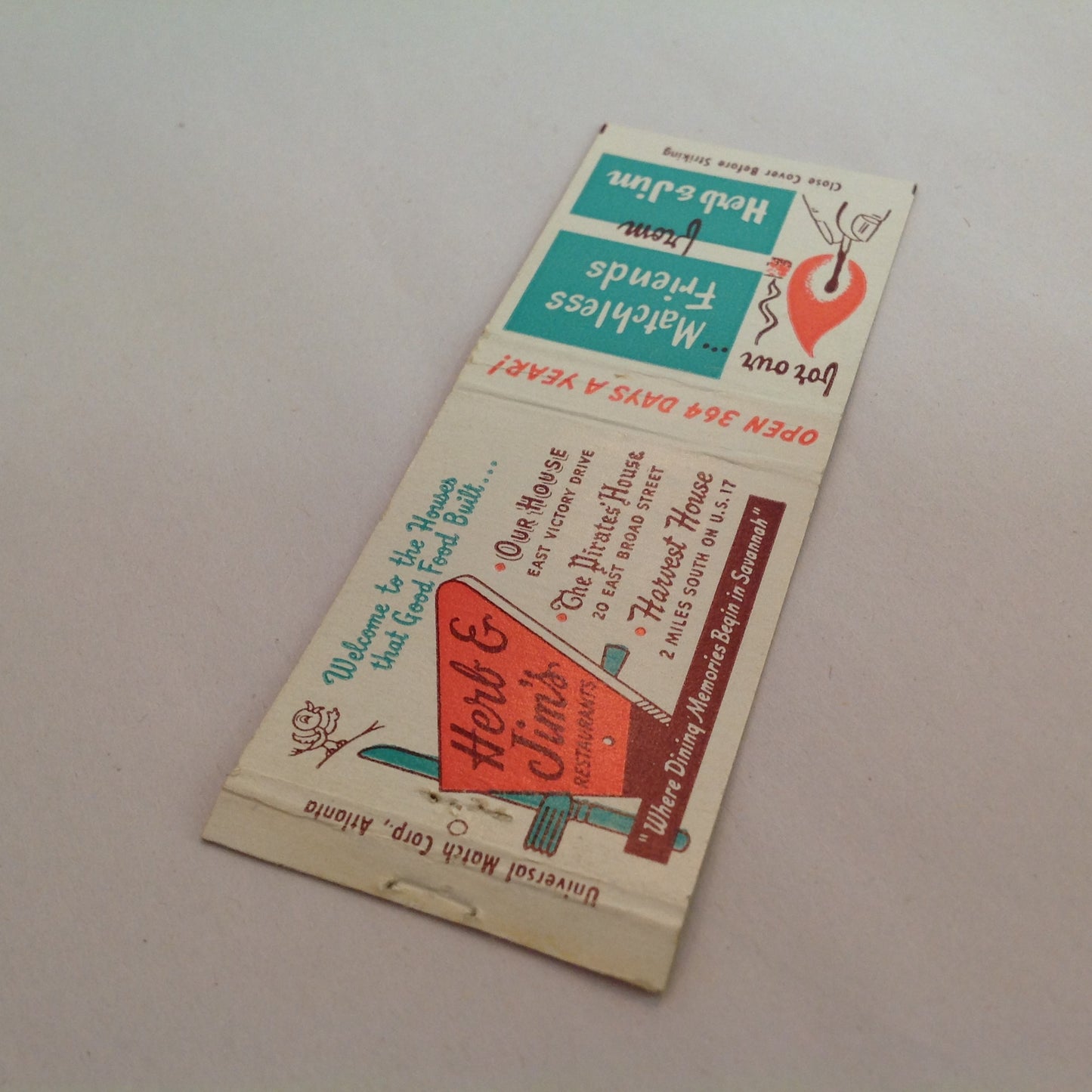 Vintage Matchbook Cover Herb & Jim's Restaurants Matchless Friends Harvest Pirates