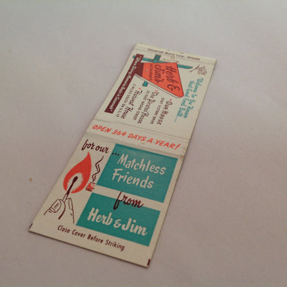 Vintage Matchbook Cover Herb & Jim's Restaurants Matchless Friends Harvest Pirates