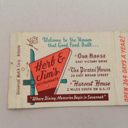 Vintage Matchbook Cover Herb & Jim's Restaurants Matchless Friends Harvest Pirates