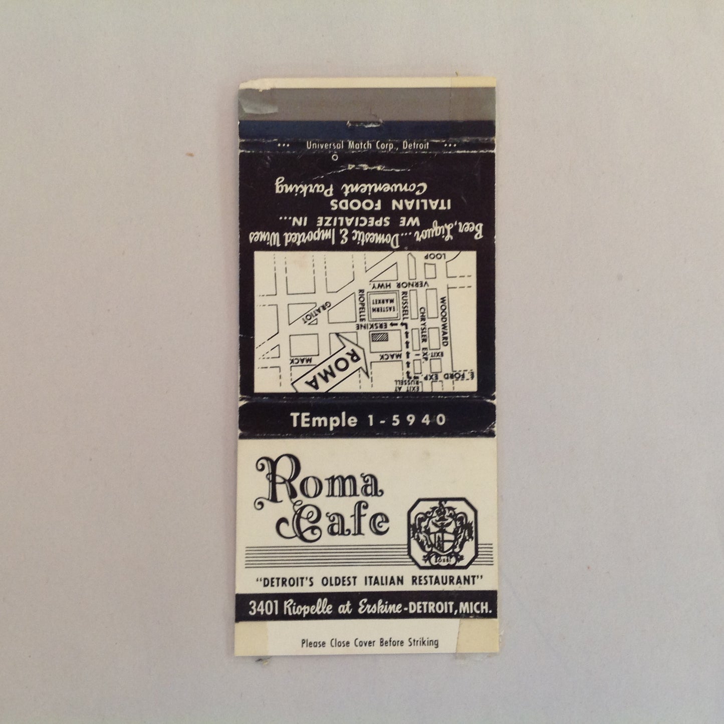 Vintage Matchbook Cover Roma Cafe Detroit's Oldest Italian Restaurant Beer Liquor MI