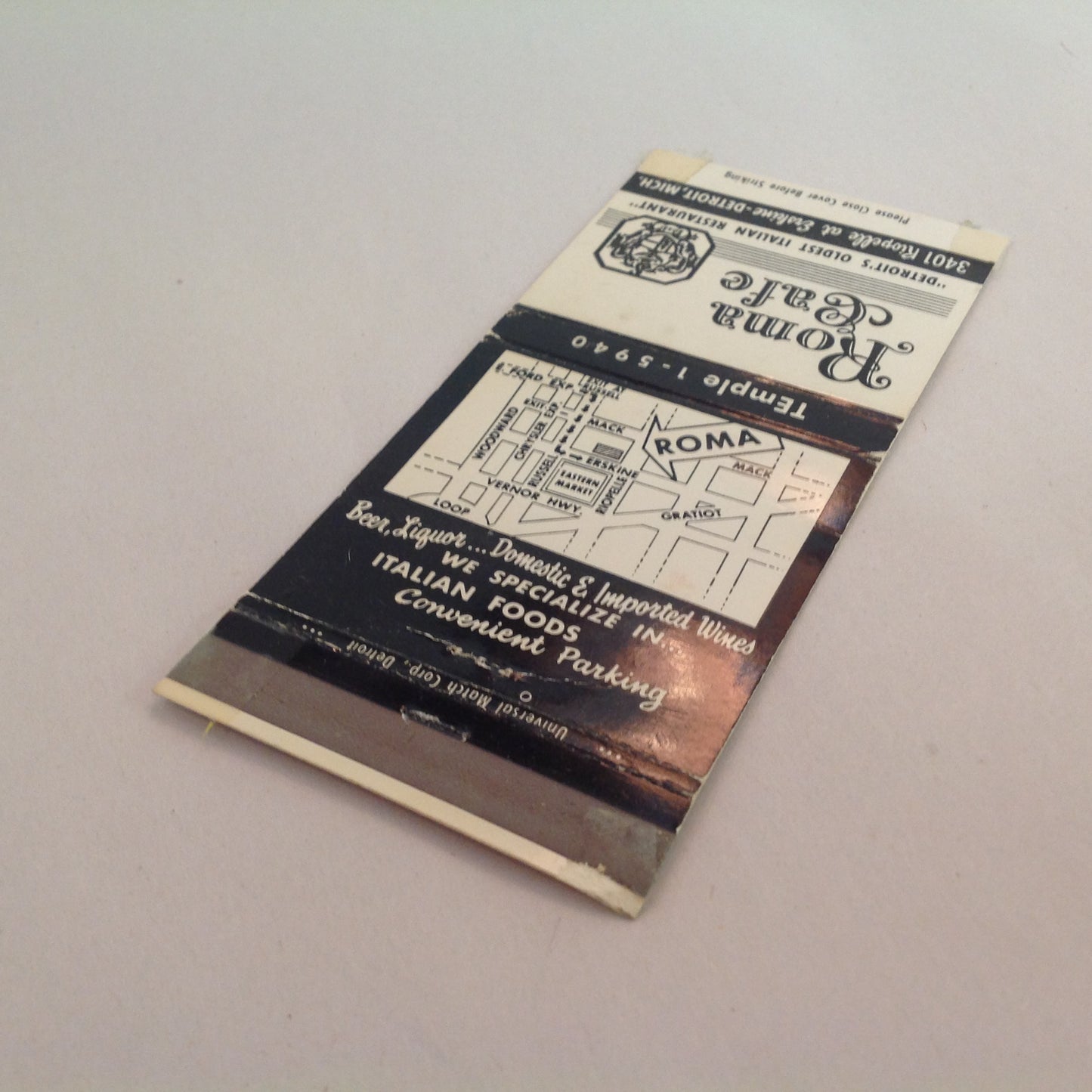 Vintage Matchbook Cover Roma Cafe Detroit's Oldest Italian Restaurant Beer Liquor MI