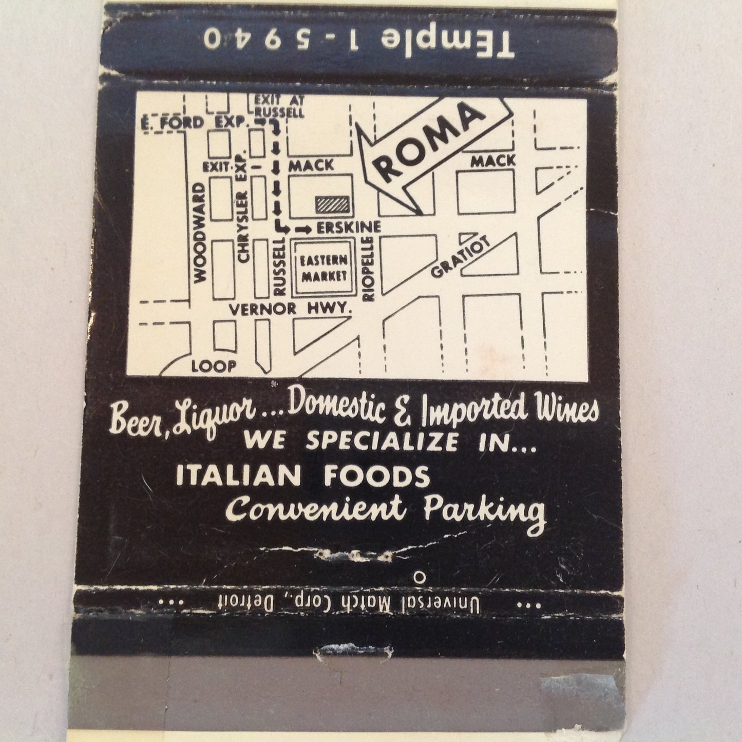 Vintage Matchbook Cover Roma Cafe Detroit's Oldest Italian Restaurant Beer Liquor MI