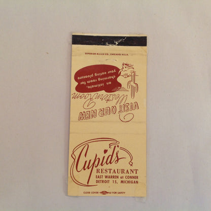 Vintage Matchbook Cover Cupid's Restaurant Detroit 13 Visit Our New Western Room MI