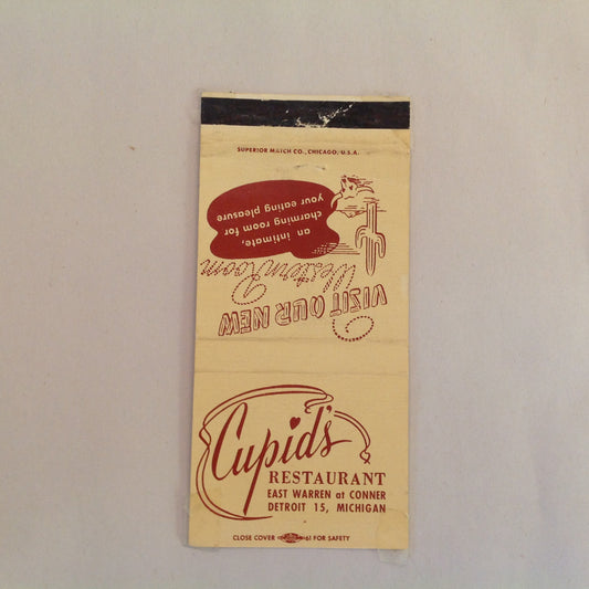 Vintage Matchbook Cover Cupid's Restaurant Detroit 13 Visit Our New Western Room MI