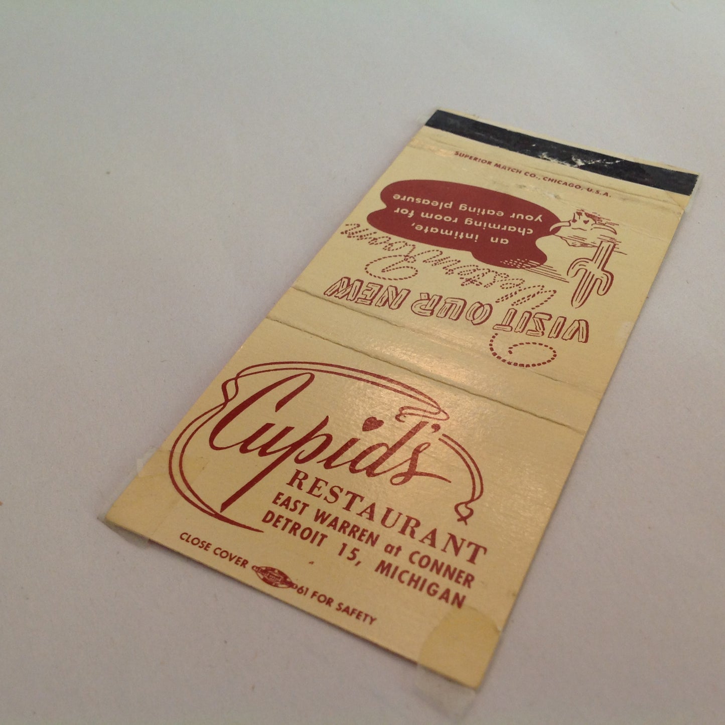 Vintage Matchbook Cover Cupid's Restaurant Detroit 13 Visit Our New Western Room MI