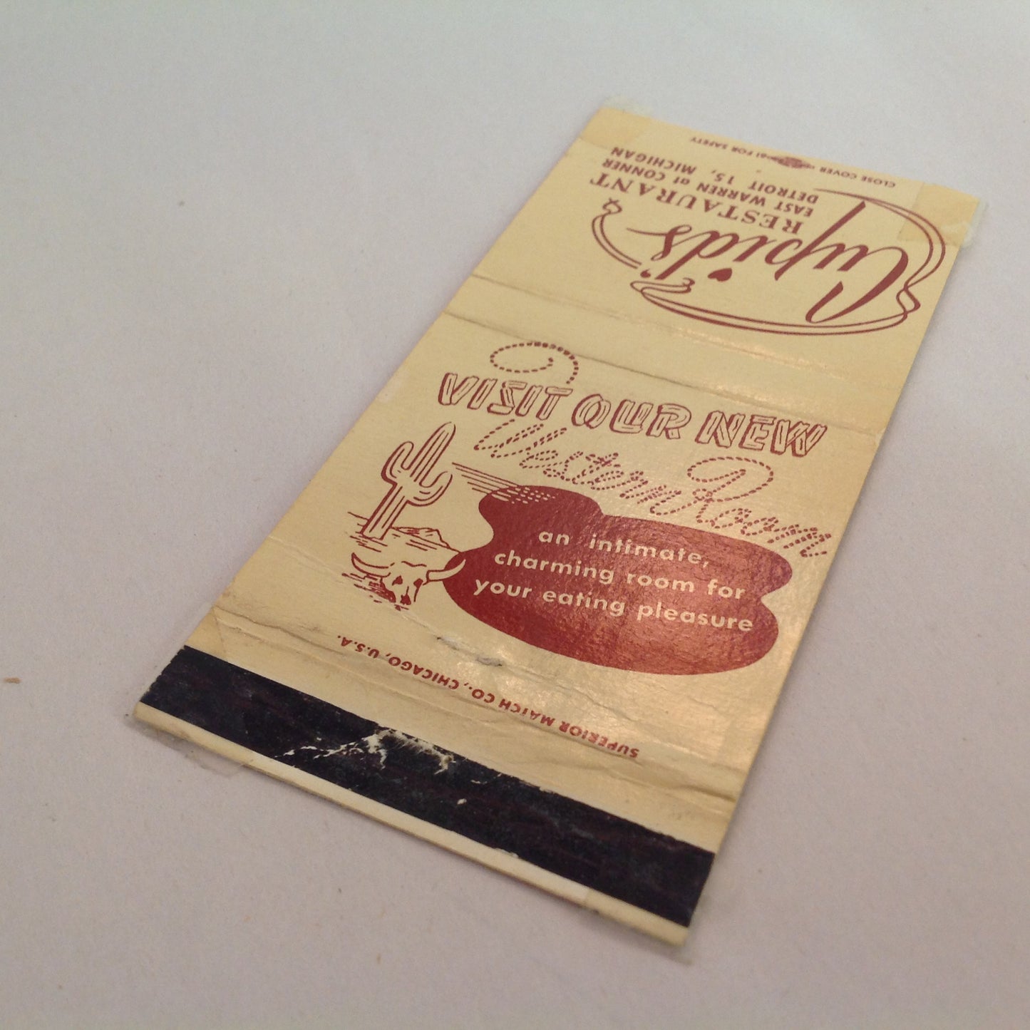 Vintage Matchbook Cover Cupid's Restaurant Detroit 13 Visit Our New Western Room MI