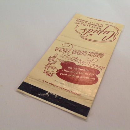 Vintage Matchbook Cover Cupid's Restaurant Detroit 13 Visit Our New Western Room MI