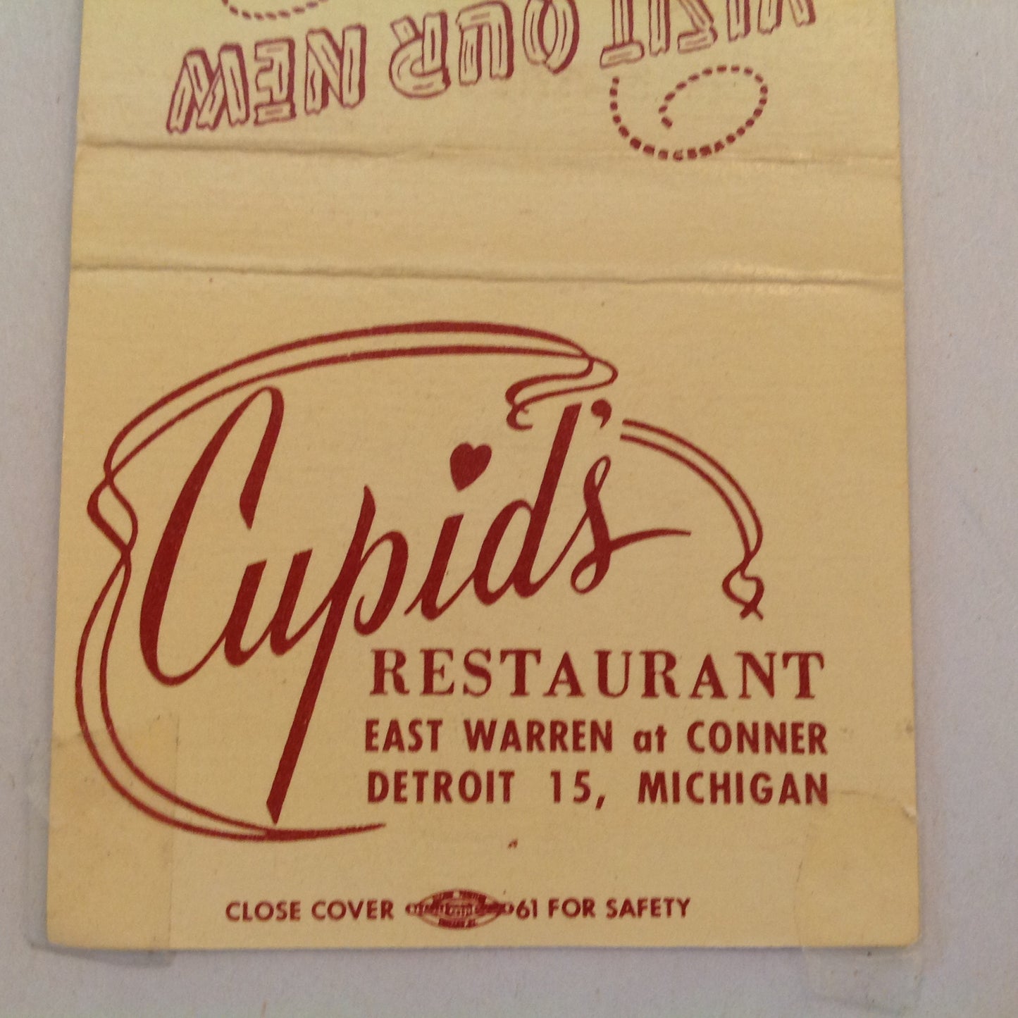 Vintage Matchbook Cover Cupid's Restaurant Detroit 13 Visit Our New Western Room MI