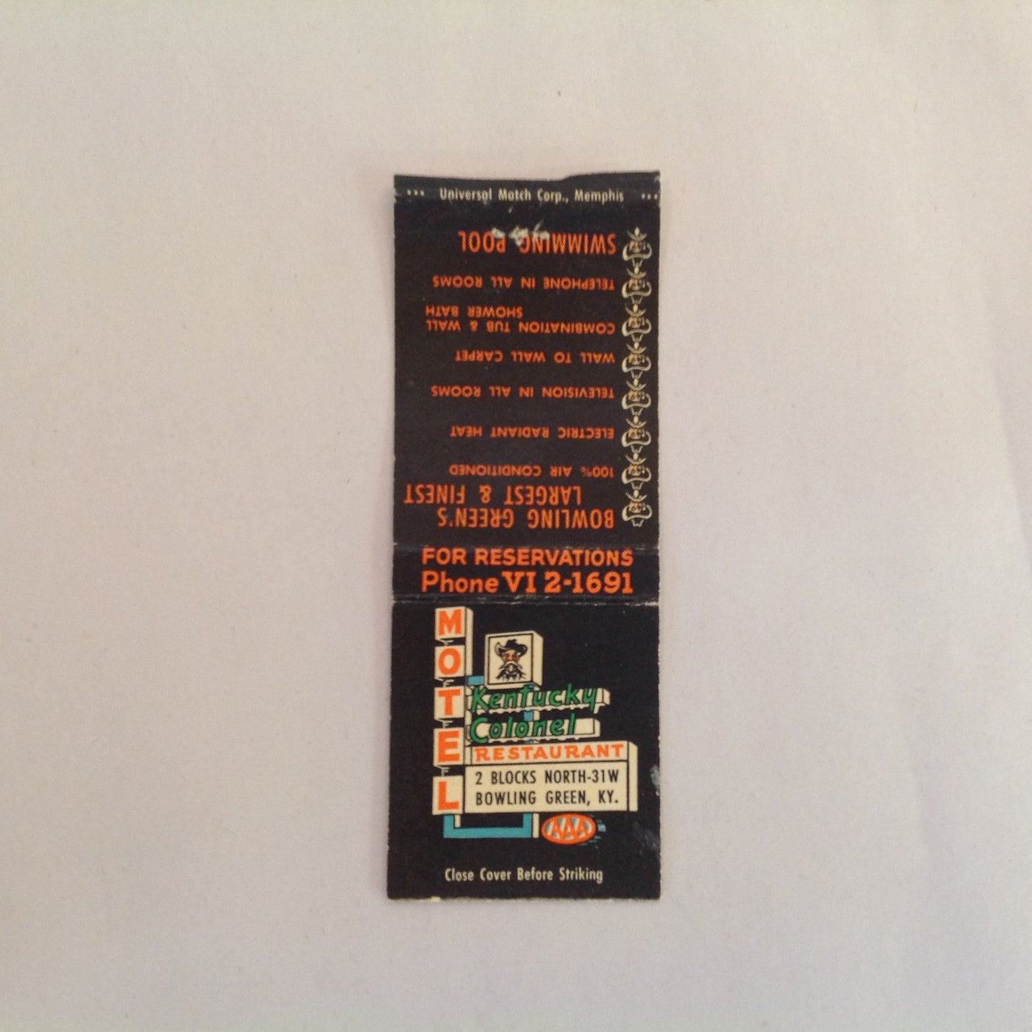 Vintage Matchbook Cover Kentucky Colonel Motel Restaurant Bowling Green Largest KY