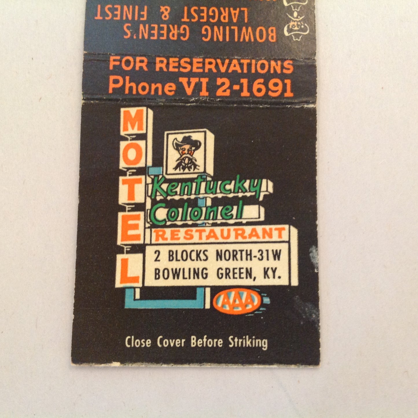 Vintage Matchbook Cover Kentucky Colonel Motel Restaurant Bowling Green Largest KY