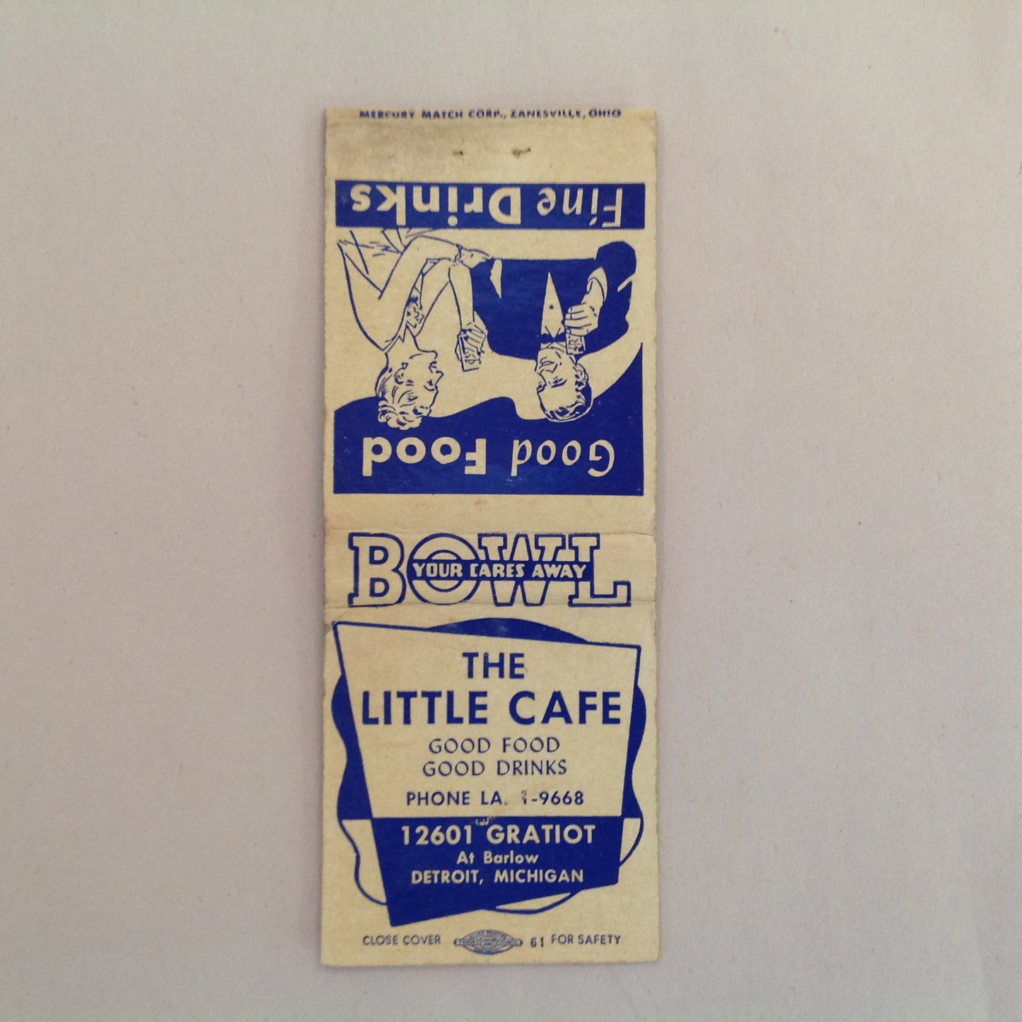 Vintage Matchbook Cover The Little Cafe Gratiot Detroit Michigan Bowl Food Drinks MI