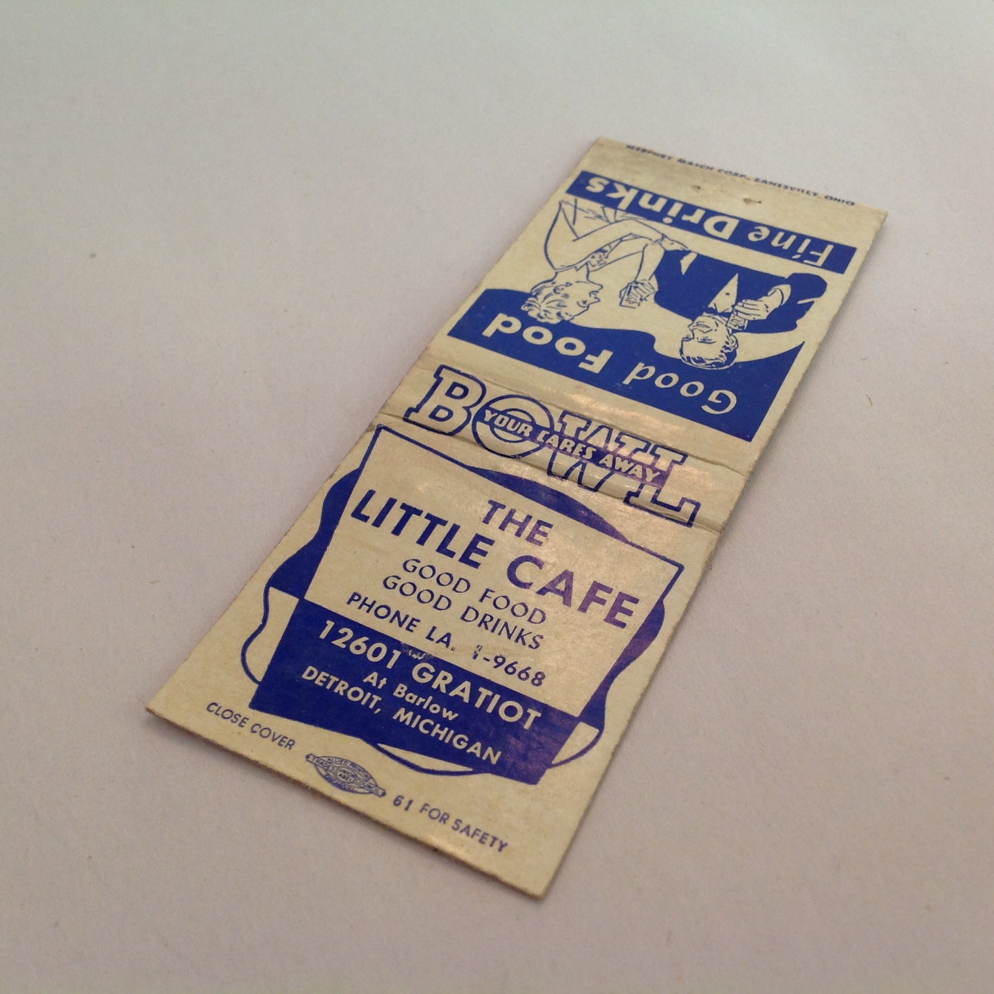 Vintage Matchbook Cover The Little Cafe Gratiot Detroit Michigan Bowl Food Drinks MI