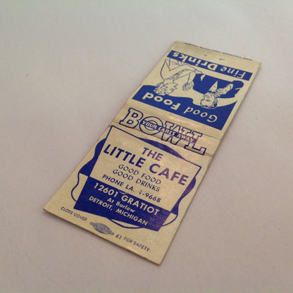 Vintage Matchbook Cover The Little Cafe Gratiot Detroit Michigan Bowl Food Drinks MI