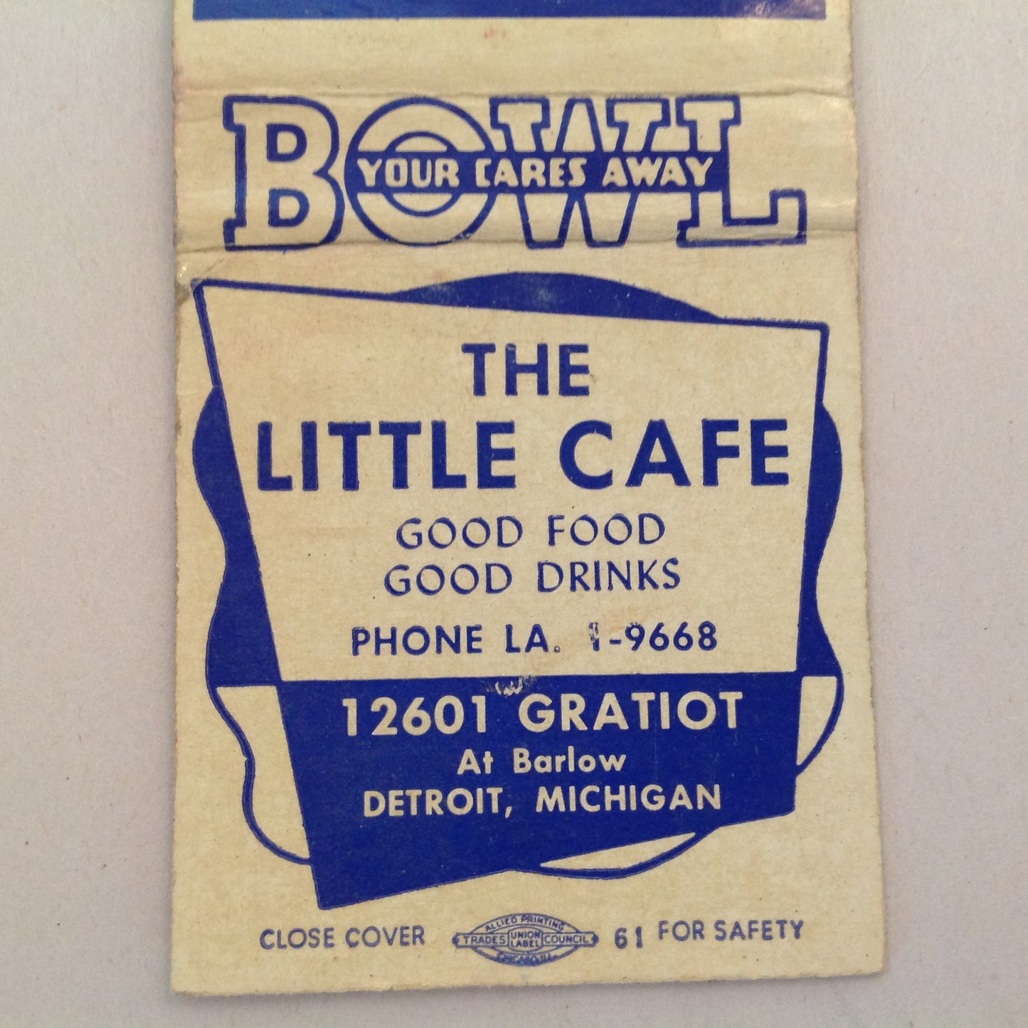 Vintage Matchbook Cover The Little Cafe Gratiot Detroit Michigan Bowl Food Drinks MI