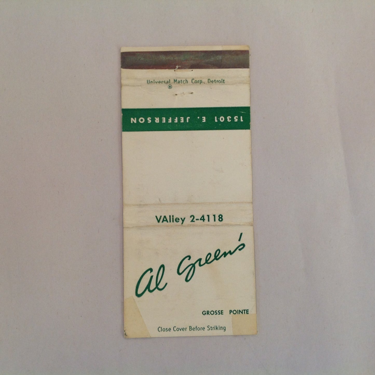 Vintage Matchbook Cover Al Green's Restaurant Grosse Pointe Michigan Jefferson