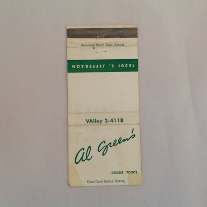 Vintage Matchbook Cover Al Green's Restaurant Grosse Pointe Michigan Jefferson