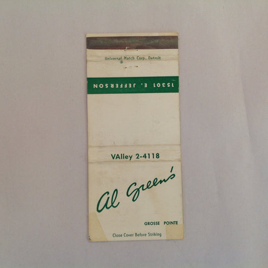 Vintage Matchbook Cover Al Green's Restaurant Grosse Pointe Michigan Jefferson