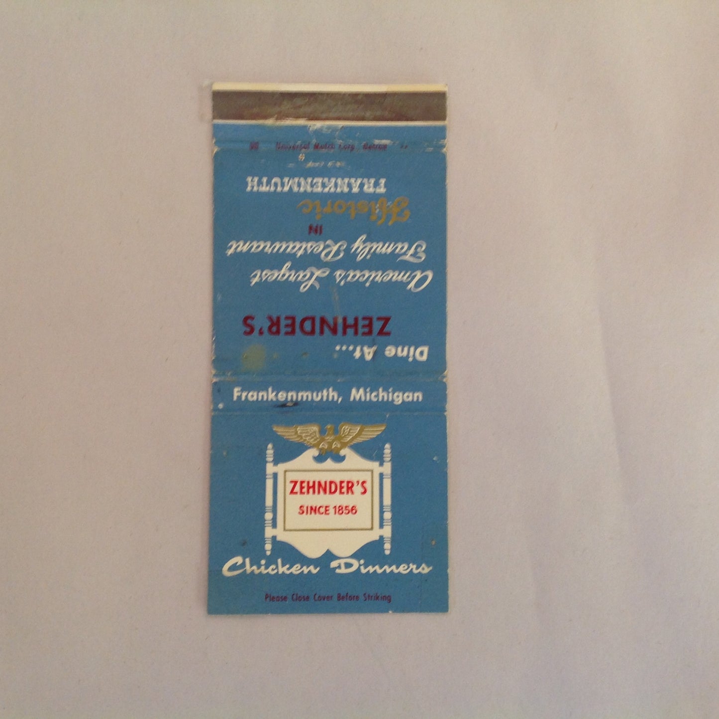 Vintage Matchbook Cover Zehnder's Family Restaurant Chicken Dinners Frankenmuth MI