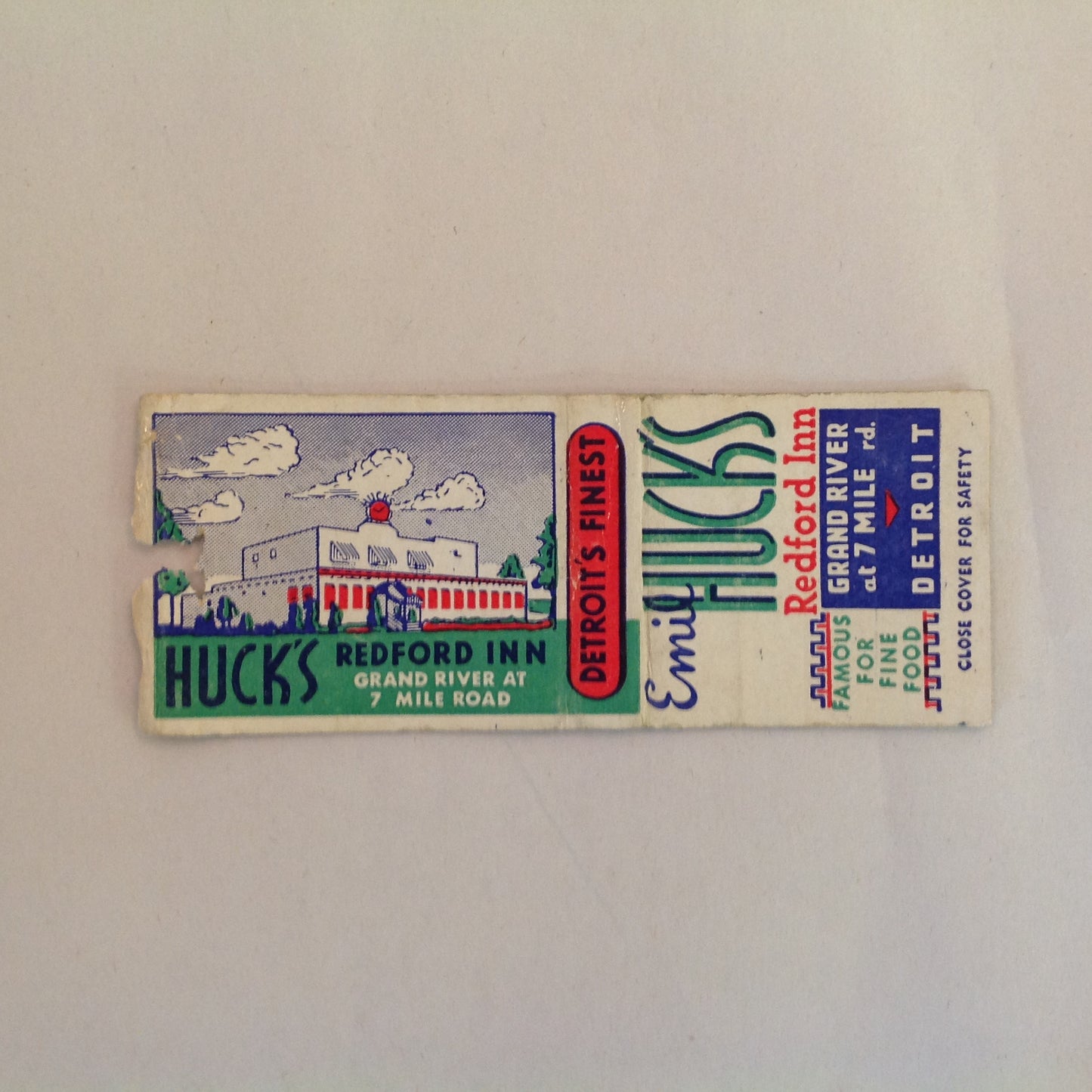 Vintage Matchbook Cover Emil Huck's Redford Inn Gd River Detroit Fish Frogs Steak MI