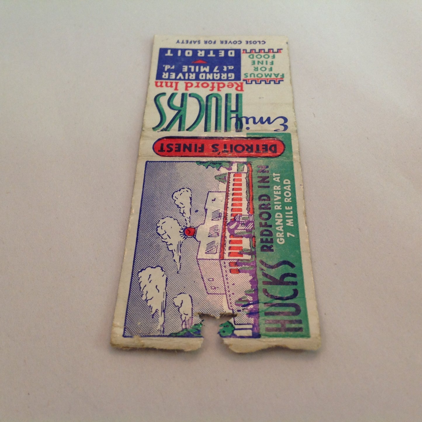Vintage Matchbook Cover Emil Huck's Redford Inn Gd River Detroit Fish Frogs Steak MI