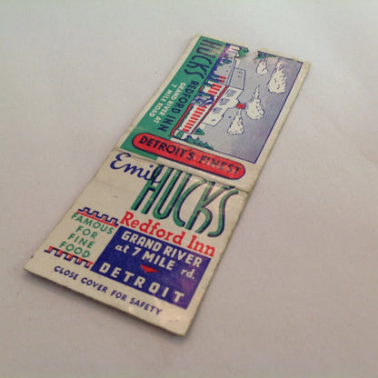 Vintage Matchbook Cover Emil Huck's Redford Inn Gd River Detroit Fish Frogs Steak MI