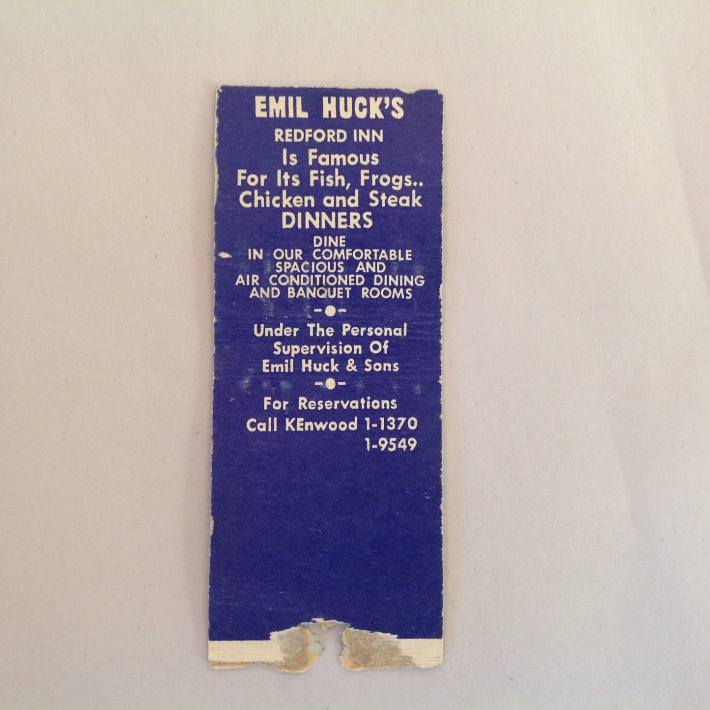 Vintage Matchbook Cover Emil Huck's Redford Inn Gd River Detroit Fish Frogs Steak MI