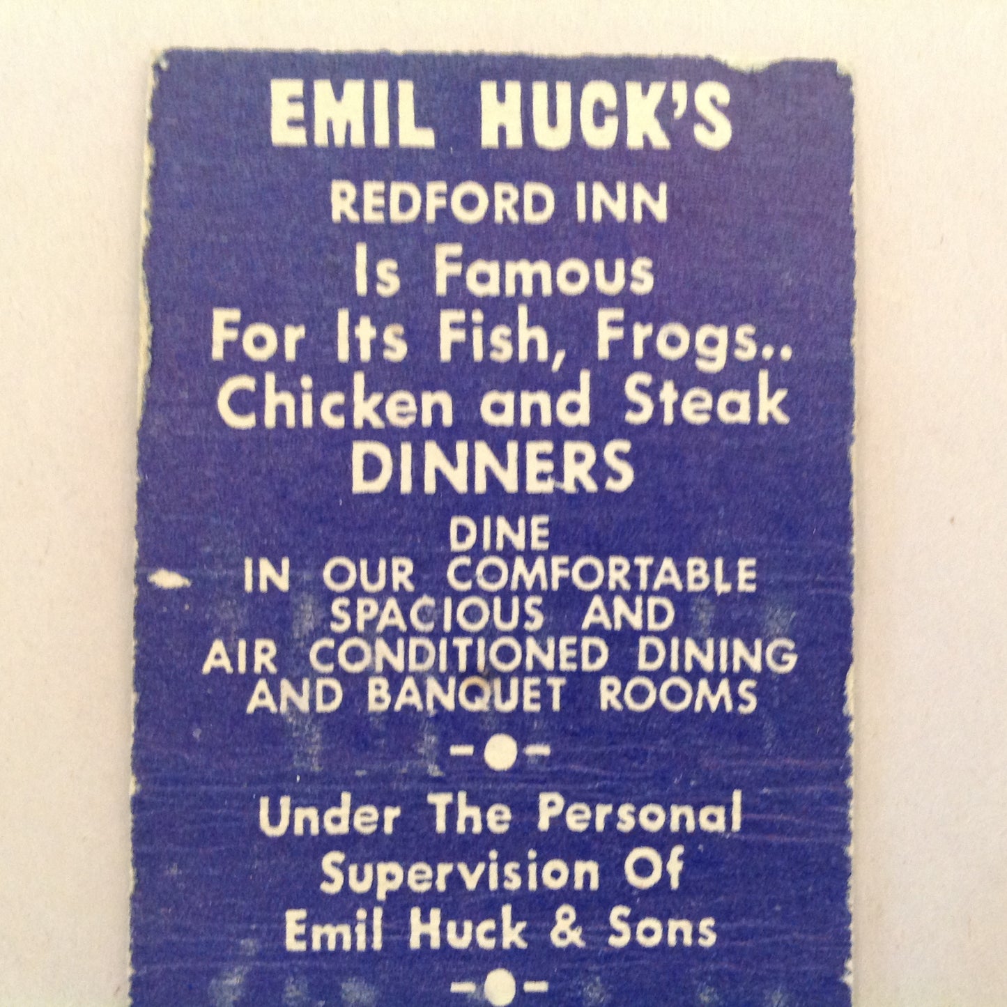 Vintage Matchbook Cover Emil Huck's Redford Inn Gd River Detroit Fish Frogs Steak MI