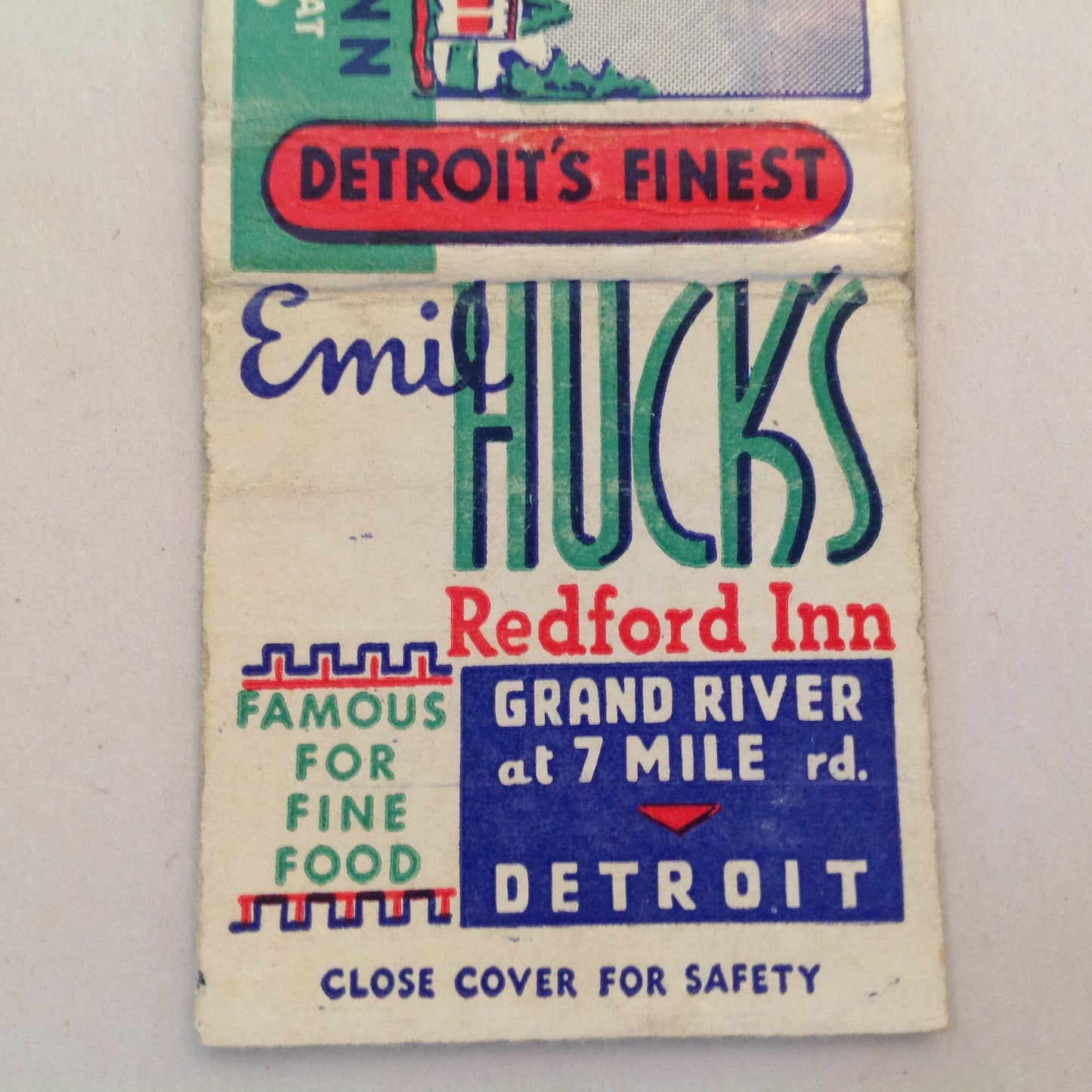 Vintage Matchbook Cover Emil Huck's Redford Inn Gd River Detroit Fish Frogs Steak MI