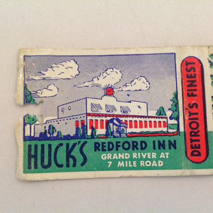 Vintage Matchbook Cover Emil Huck's Redford Inn Gd River Detroit Fish Frogs Steak MI