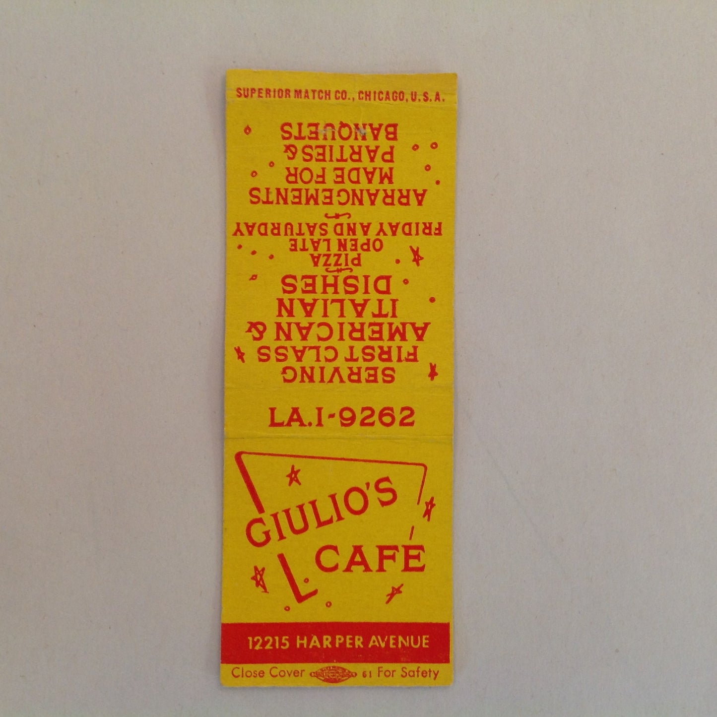 Vintage Matchbook Cover Giulio's Cafe First-Class Italian American Dishes Detroit MI