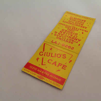 Vintage Matchbook Cover Giulio's Cafe First-Class Italian American Dishes Detroit MI