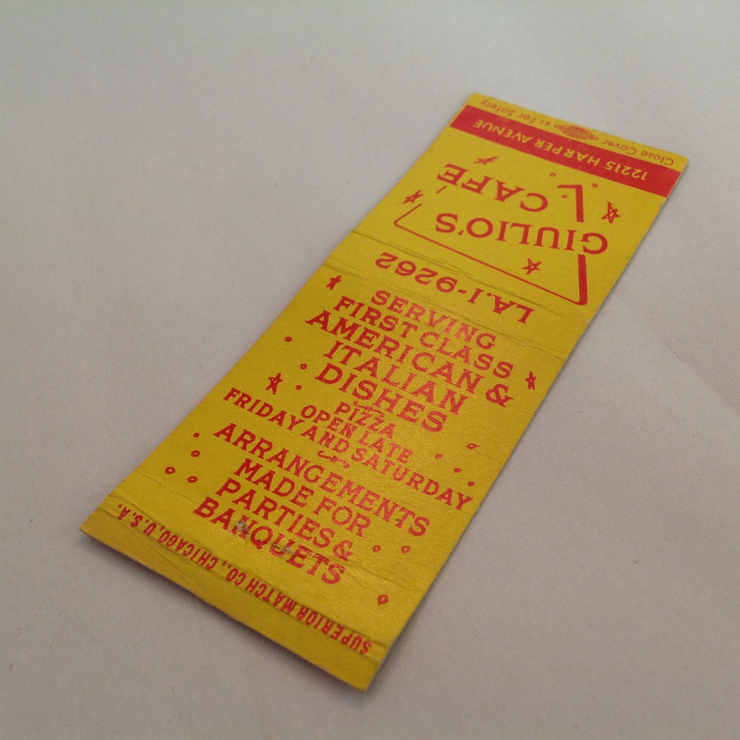 Vintage Matchbook Cover Giulio's Cafe First-Class Italian American Dishes Detroit MI