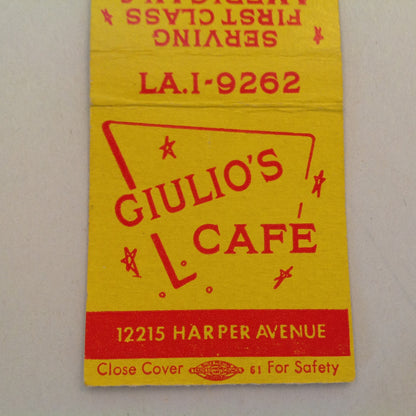 Vintage Matchbook Cover Giulio's Cafe First-Class Italian American Dishes Detroit MI