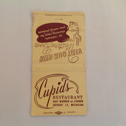 Vintage Matchbook Cover Cupid's Restaurant Detroit 13 Visit Our New Western Room MI