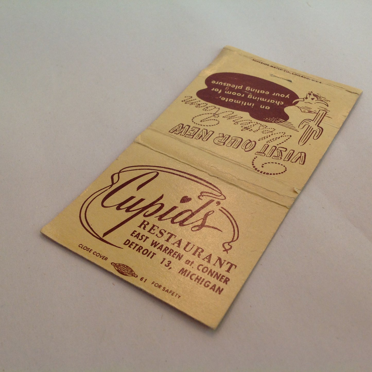 Vintage Matchbook Cover Cupid's Restaurant Detroit 13 Visit Our New Western Room MI