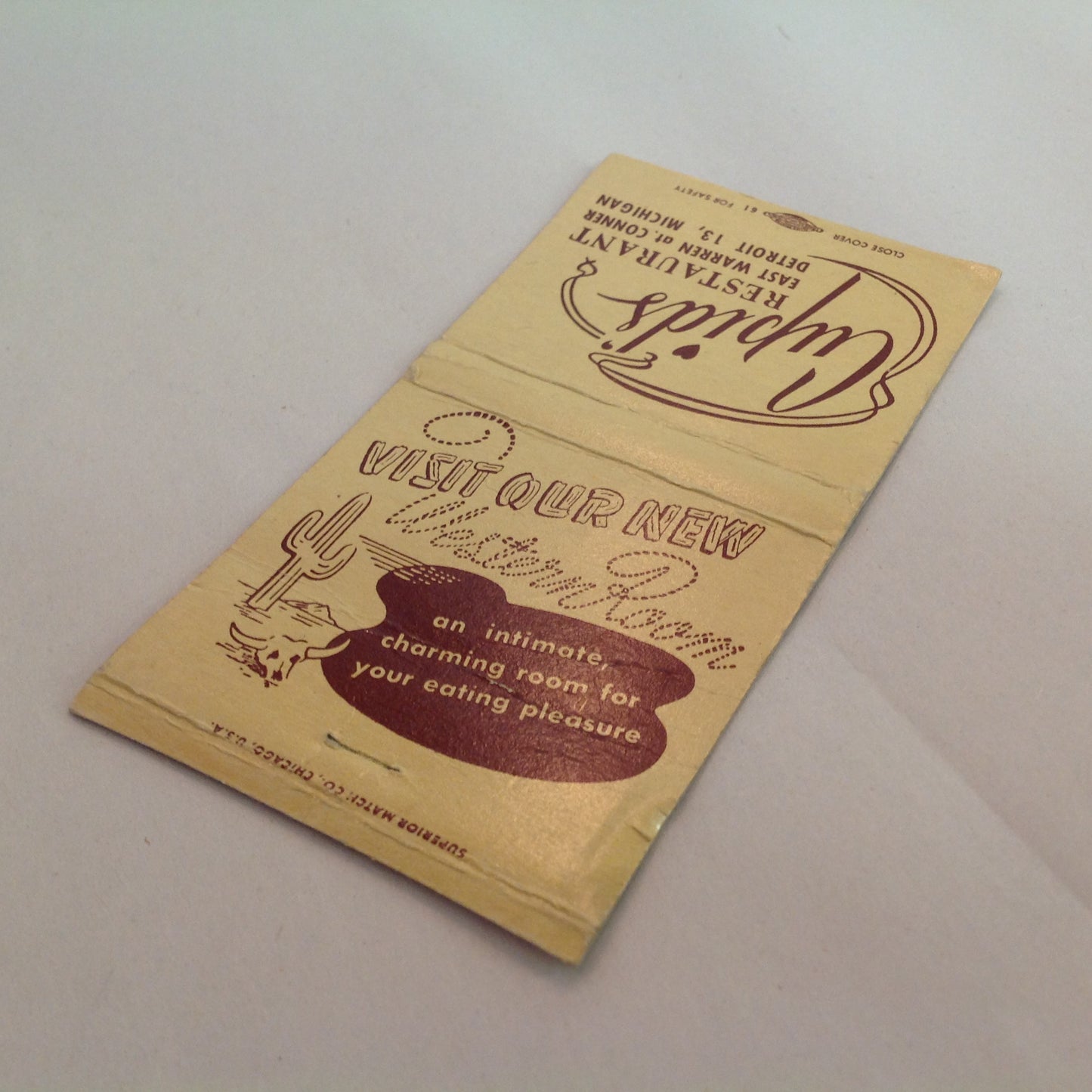 Vintage Matchbook Cover Cupid's Restaurant Detroit 13 Visit Our New Western Room MI
