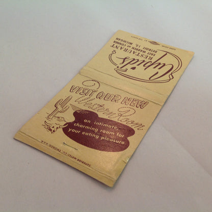 Vintage Matchbook Cover Cupid's Restaurant Detroit 13 Visit Our New Western Room MI