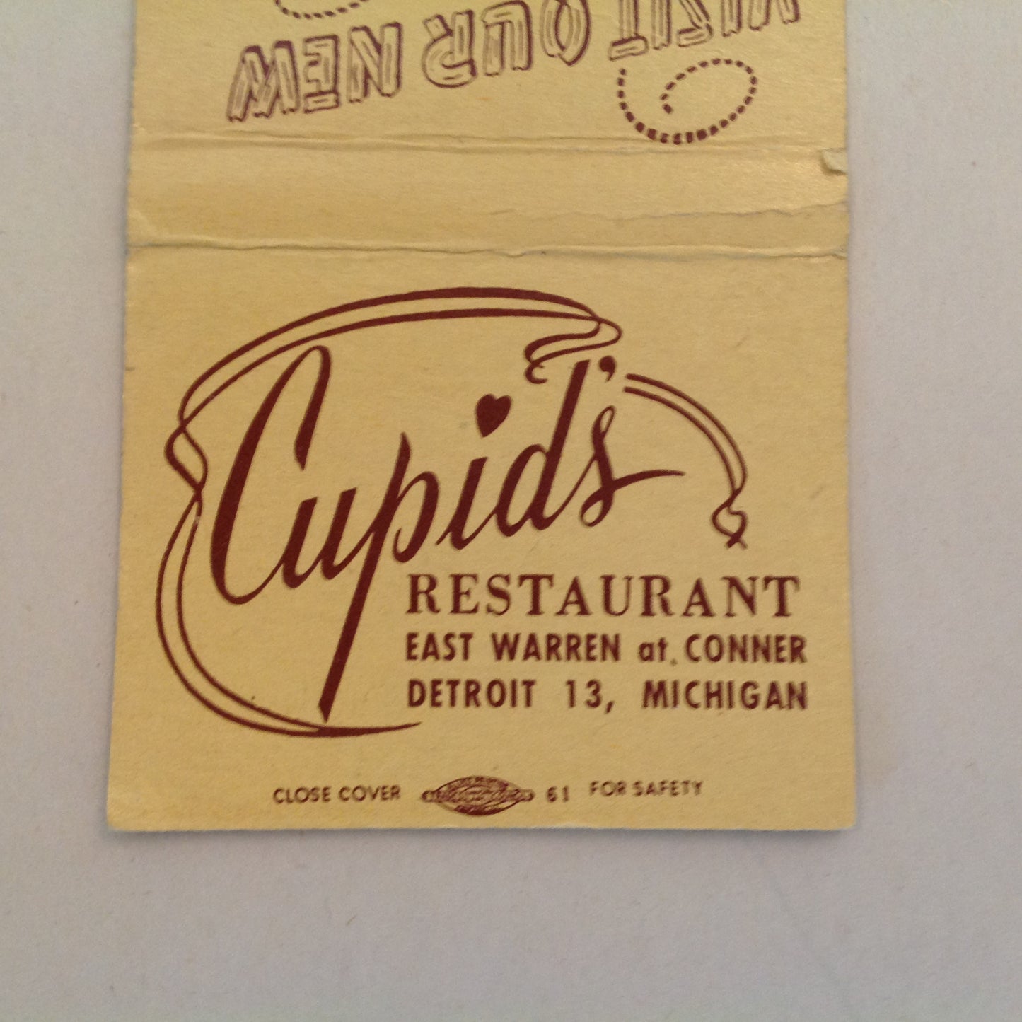 Vintage Matchbook Cover Cupid's Restaurant Detroit 13 Visit Our New Western Room MI