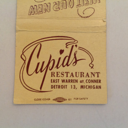 Vintage Matchbook Cover Cupid's Restaurant Detroit 13 Visit Our New Western Room MI
