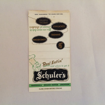 Vintage Matchbook Cover Schuler's Real Eatin' Marshall Grand Haven Jackson Michigan