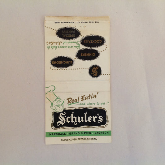 Vintage Matchbook Cover Schuler's Real Eatin' Marshall Grand Haven Jackson Michigan