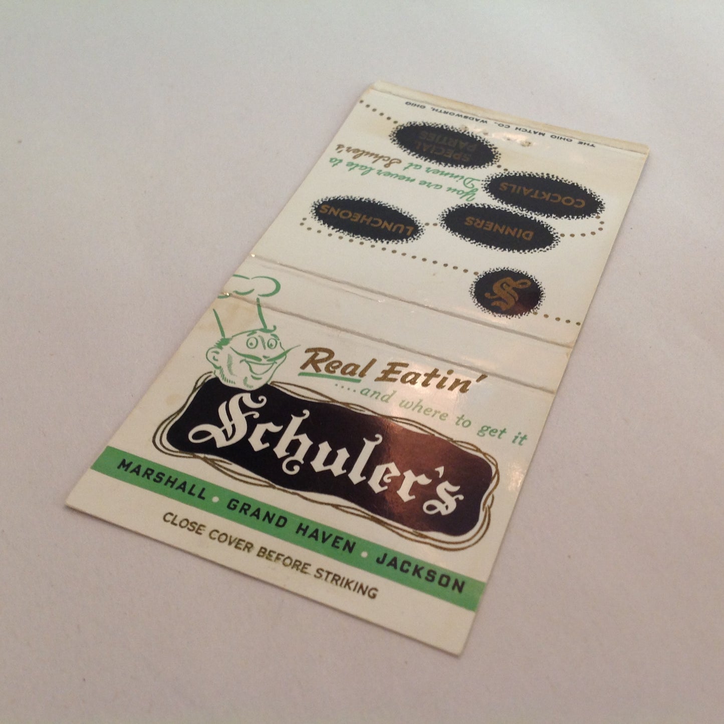 Vintage Matchbook Cover Schuler's Real Eatin' Marshall Grand Haven Jackson Michigan