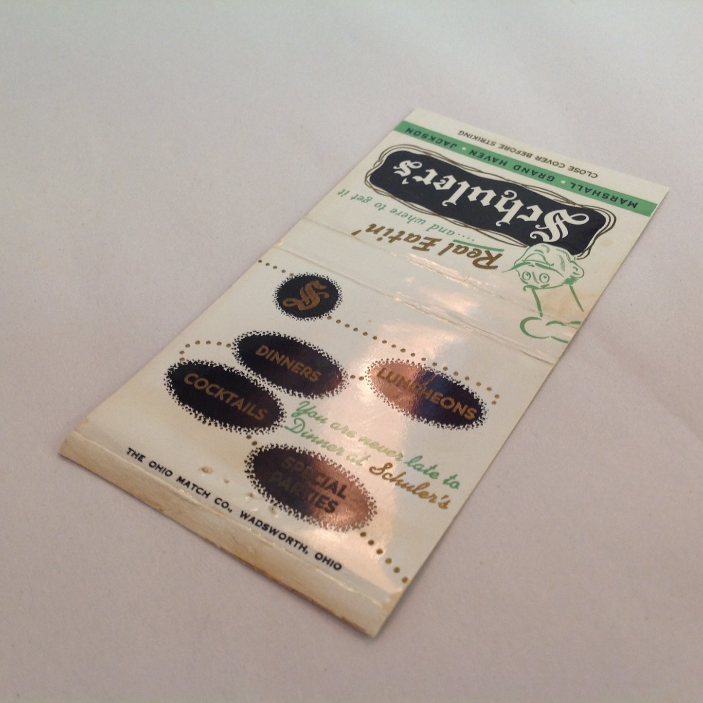 Vintage Matchbook Cover Schuler's Real Eatin' Marshall Grand Haven Jackson Michigan