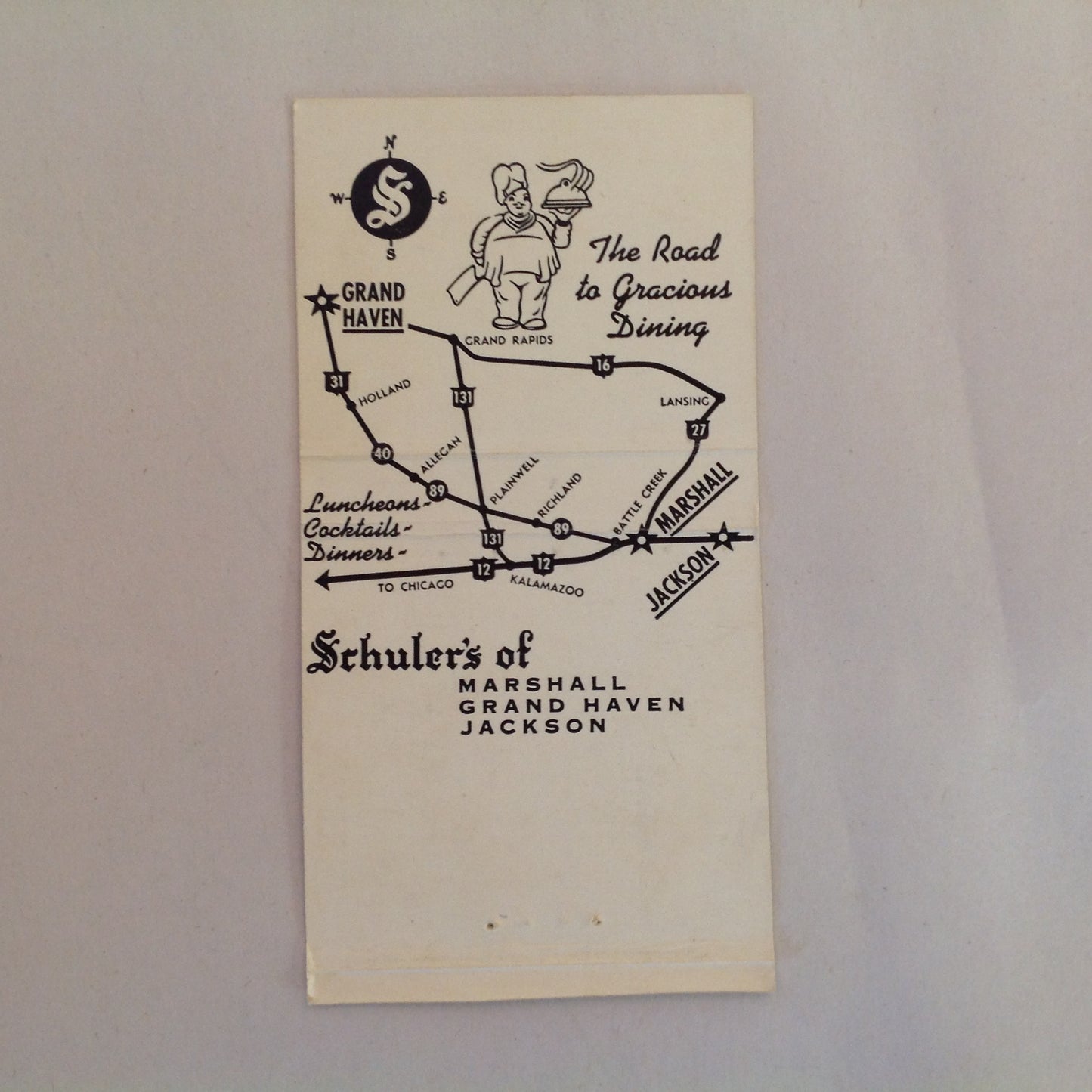 Vintage Matchbook Cover Schuler's Real Eatin' Marshall Grand Haven Jackson Michigan